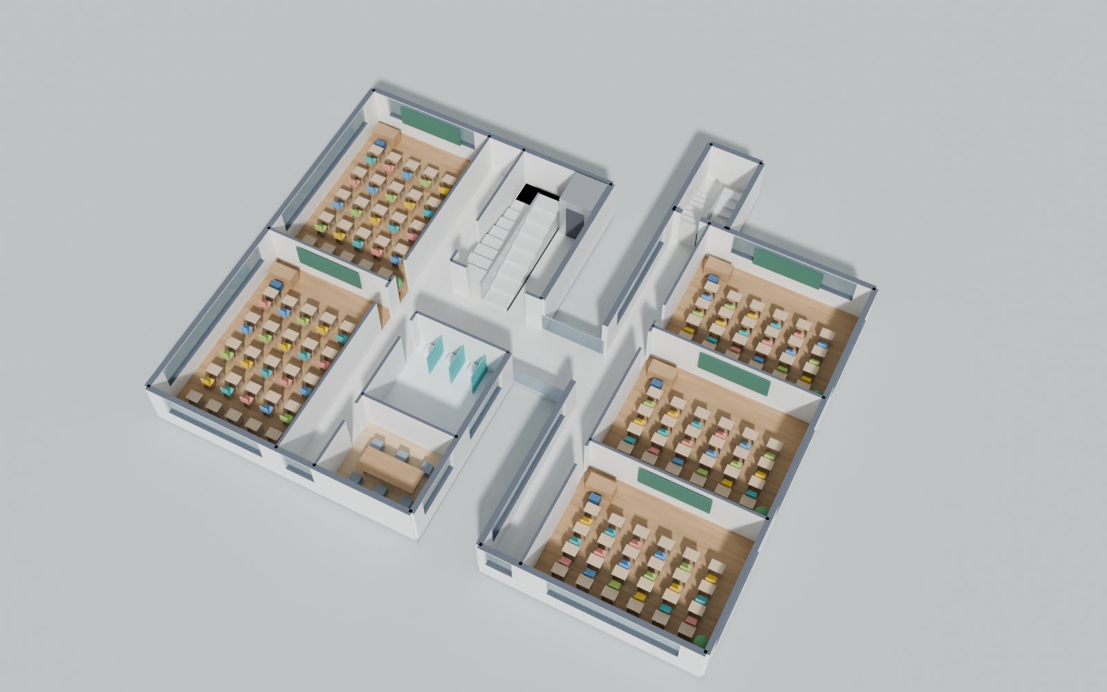 Planta 3D do 1º andar com cinco salas de aula mobiliadas
