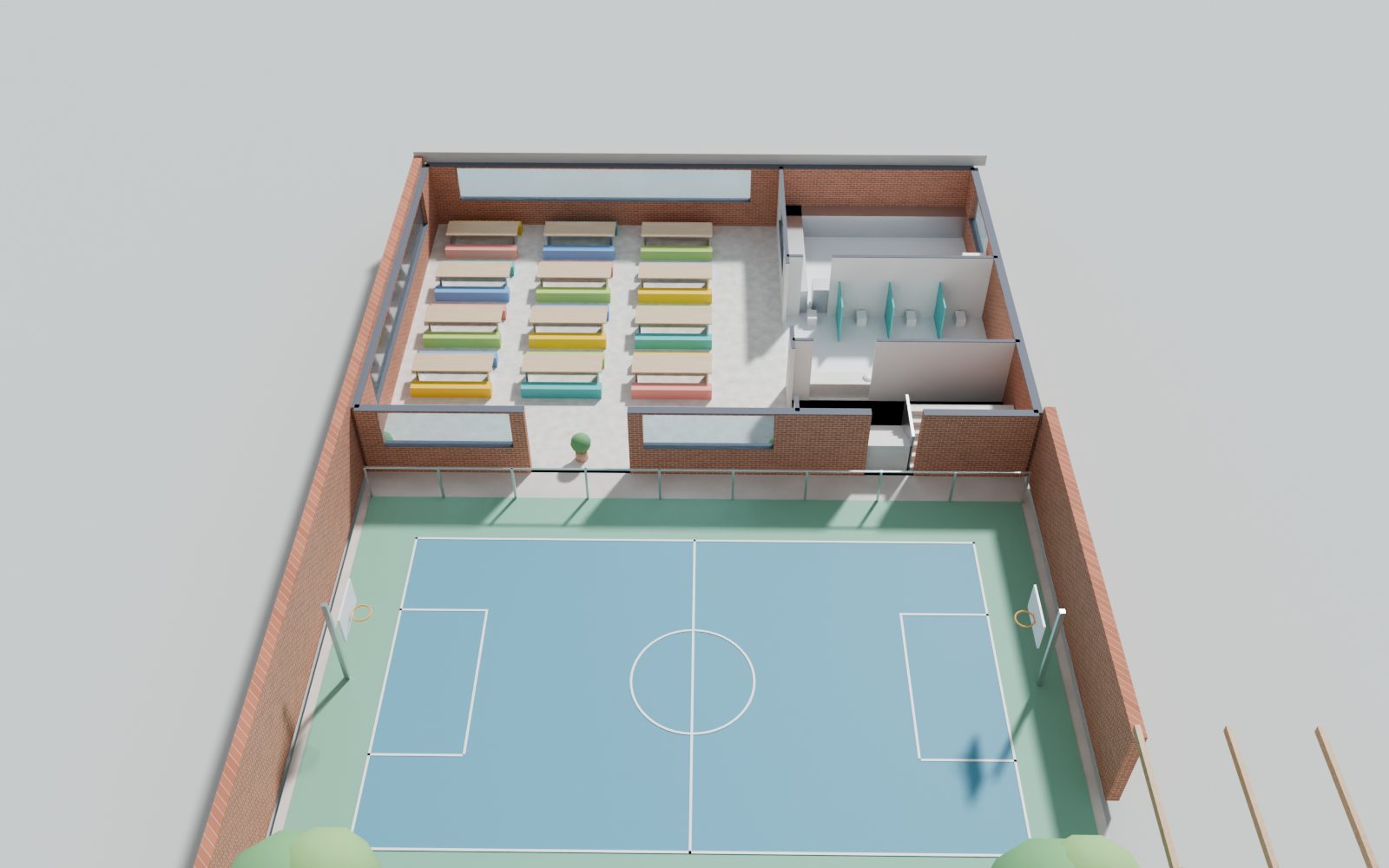 Perspectiva do refeitório na edícula com a quadra recreativa à frente