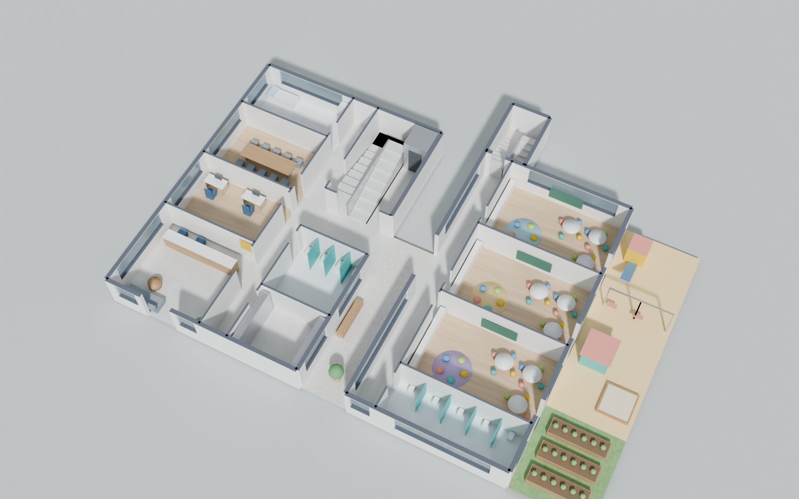 Planta 3D do térreo com salas de Infantil, parque, recepção e administração